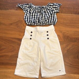 Tommy Hilfiger Girls Elasticized Navy Gingham Cropped Top and Wide Legged Pants